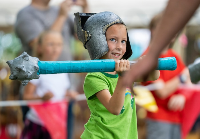 (Rick Egan | The Salt Lake Tribune) Maggie Peterson, 7, from Salem, spars in the featherweight competition, at the Payson Scottish Festival, on Saturday, July 9, 2022.
