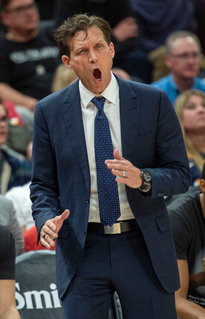 (Rick Egan  |  The Salt Lake Tribune)  Utah Jazz head coach Quin Snyder reacts to a call by the official, in NBA action between Utah Jazz and Brooklyn Nets at Vivint Smart Home Arena, Saturday, March 16, 2019.



