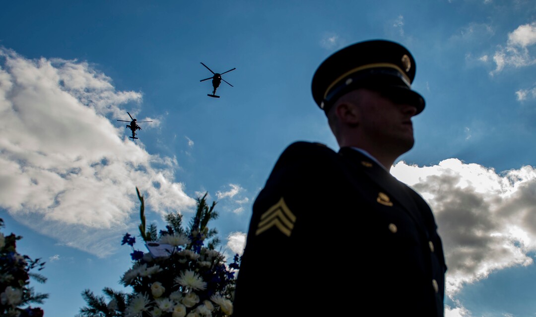 (Leah Hogsten  |  The Salt Lake Tribune)  World War II airman Max W. Lower is buried with full military honors and a military aircraft flyover on Saturday, November 23, 2019, the Lewiston City Cemetery, 77 years after he was deployed overseas. Lower, a radio operator on a B-24 Liberator bomber, was killed when the plane was shot down Aug. 1, 1943, over Ploiesti, Romania. The Lewiston native was 23.
