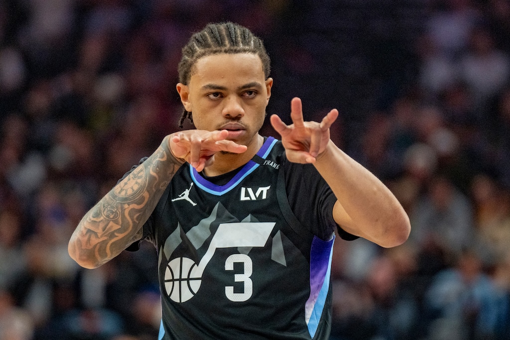 (Rick Egan | The Salt Lake Tribune) Utah Jazz guard Keyonte George (3) reacts after hitting a 3-point shot in NBA action between the Utah Jazz and the Denver Nuggets, at the Delta Center on Monday, March 2, 2026.