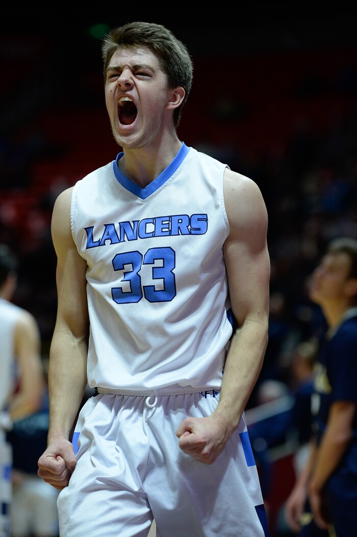 (Francisco Kjolseth  |  The Salt Lake Tribune)  Westlake vs Layton, 6A State high school basketball tournament at the Huntsman Center in Salt Lake City, Thursday March 1, 2018. Brooks Kokkola (33) screams following a basket in the final minutes of their win over Westlake. 