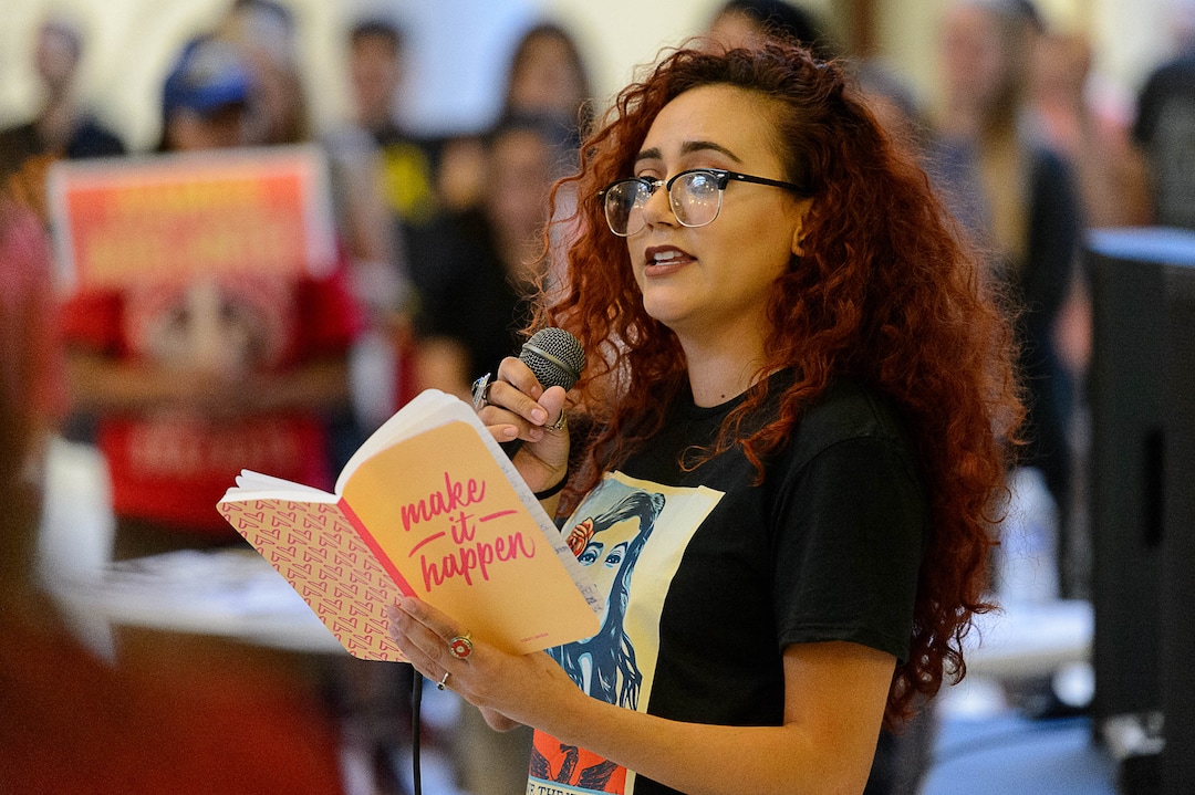 (Trent Nelson | The Salt Lake Tribune)  Maria Fernanda speaks at a rally at the State Capitol building in Salt Lake City to "remind Senator Hatch and Senator Lee that DACA is #HereToStay, Thursday August 31, 2017.
