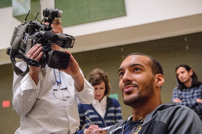 (Trent Nelson | The Salt Lake Tribune)  Utah Jazz center Rudy Gobert answers questions from media after speaking to students at Foxboro Elementary, a French immersion school, in North Salt Lake, Wednesday September 20, 2017.