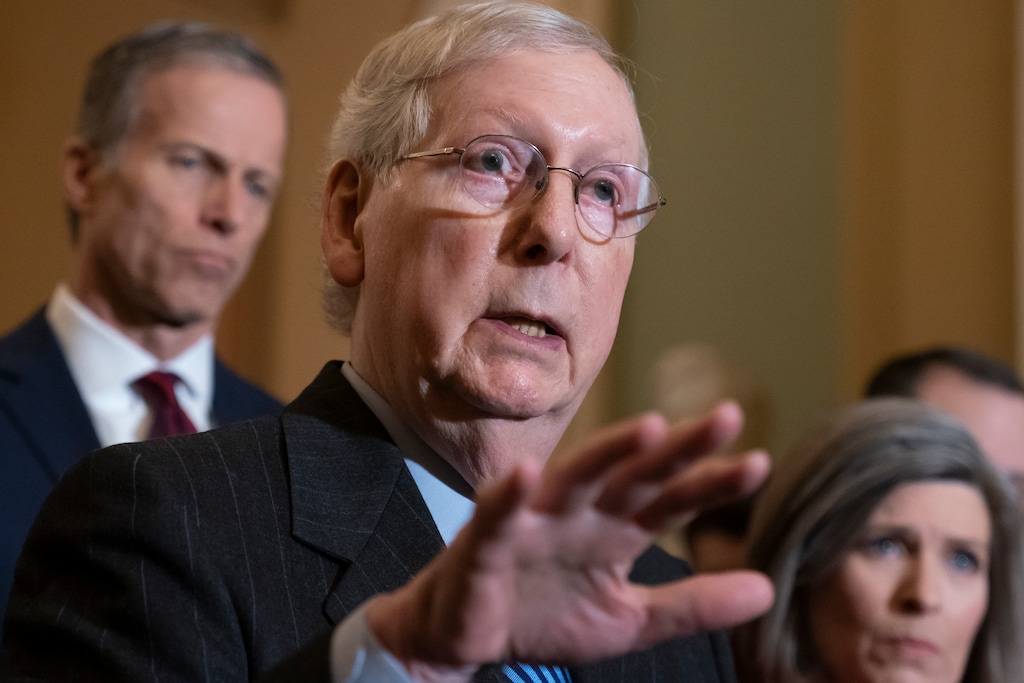 (J. Scott Applewhite | AP) Senate Majority Leader Mitch McConnell, R-Ky., joined by Majority Whip John Thune, R-S.D., left, and Sen. Joni Ernst, R-Iowa, tells reporters he has secured enough Republican votes to start President Donald Trump's impeachment trial and postpone a decision on witnesses and documents Democrats want, at the Capitol in Washington, Tuesday Jan. 7, 2020. The trial could start as soon as this week if House Speaker Nancy Pelosi releases the articles of impeachment.