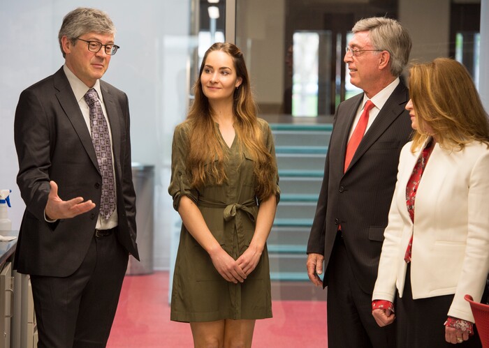 (Rick Egan  |  The Salt Lake Tribune)     Markus Babst, Interim director of Eyring Center for Cell and Genome Science And Professor of Biology gives a tour of one of the new labs to Zoe Praggastif, graduate student, and Gary and Ann Crocker, at the opening of the new Gary and Ann Crocker Science Center at the University of Utah, Thursday, April 19, 2018.



