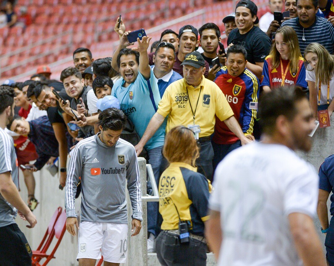 (Leah Hogsten  |  The Salt Lake Tribune) Los Angeles FC forward Carlos Vela (10) is congratulated by fans as Real Salt Lake hosts Los Angeles Football Club in the fourth round of the Lamar Hunt U.S. Open Cup, June 11, 2019 at Rio Tinto Stadium in Sandy.