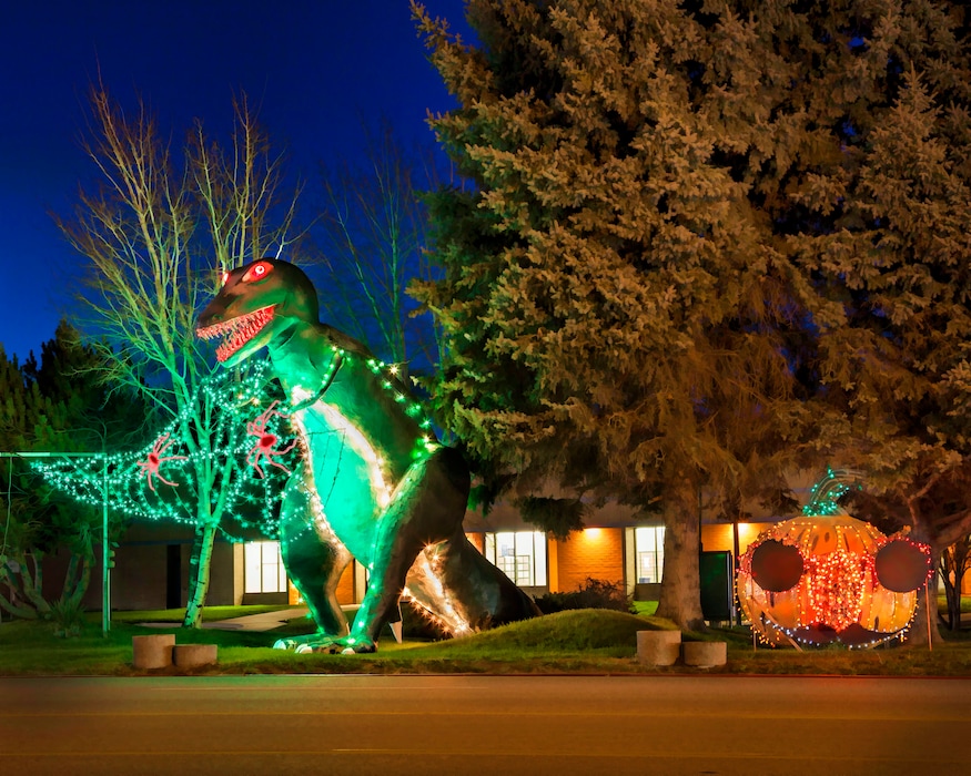 (City of Vernal) The iconic green Tyrannosaurus rex statue in Vernal, Utah, is seen in this image from Oct. 31, 2016, dressed up for Halloween.