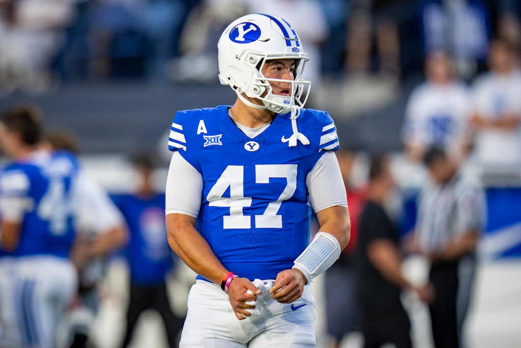 (Rick Egan | The Salt Lake Tribune)Brigham Young Cougars quarterback Bear Bachmeier (47)warms up before football action between the Brigham Young Cougars and the Stanford Cardinal, at Lavell Edwards Stadium on Saturday Sept. 6, 2025.