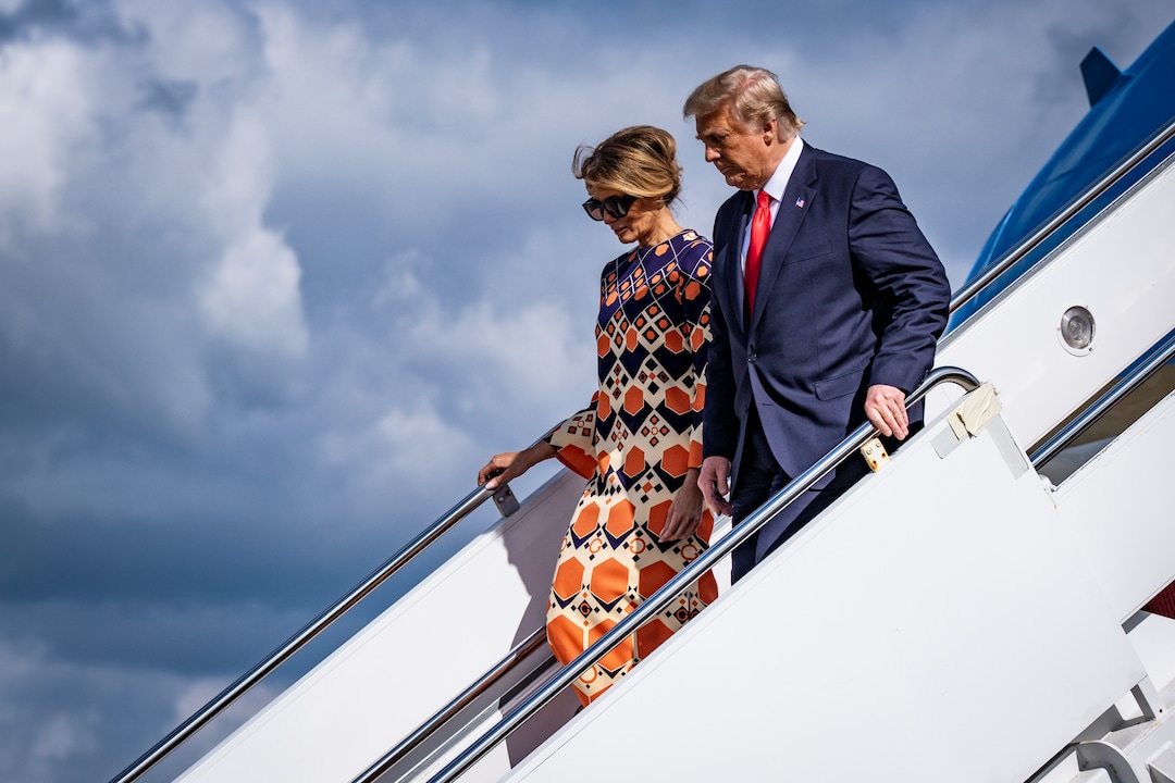 Outgoing President Donald Trump and first lady Melania Trump arrive at Palm Beach International Airport in West Palm Beach, Fla., on Inauguration Day, Wednesday, Jan. 20, 2021. (Pete Marovich/The New York Times)