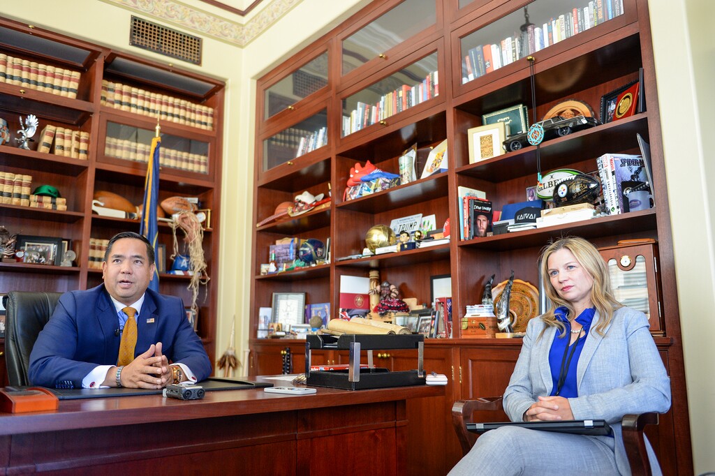 (Chris Samuels | The Salt Lake Tribune) Utah Attorney General Sean Reyes, left, and Solicitor General Melissa Holyoak speak about a lawsuit filed by Utah and other states against Google, Wednesday, July 7, 2021.