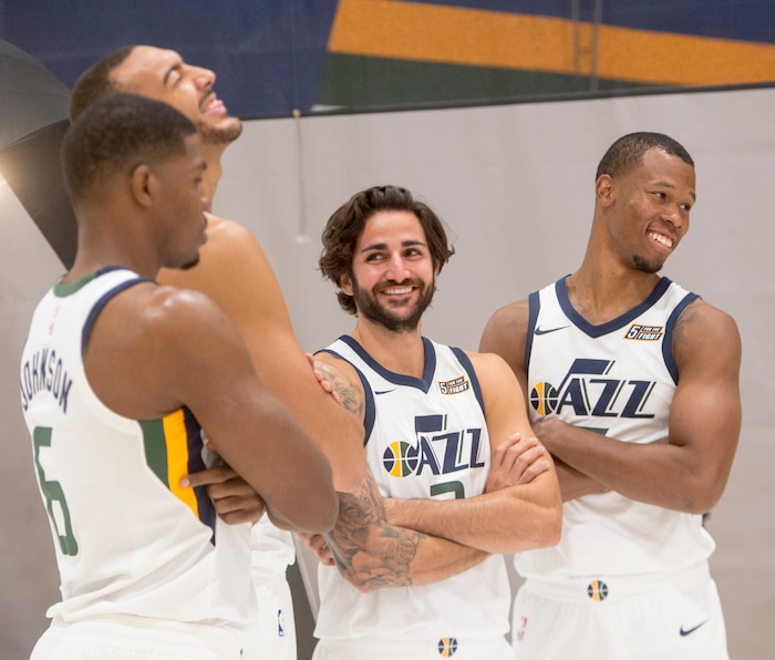 (Rick Egan  |  The Salt Lake Tribune) Utah Jazz players Joe Johnson, Rudy Gobert, Ricky Rubio, and Rodney Hood share a laugh, during the Utah Jazz media day, at the Zions Bank Basketball Center, Monday, September 25, 2017.


