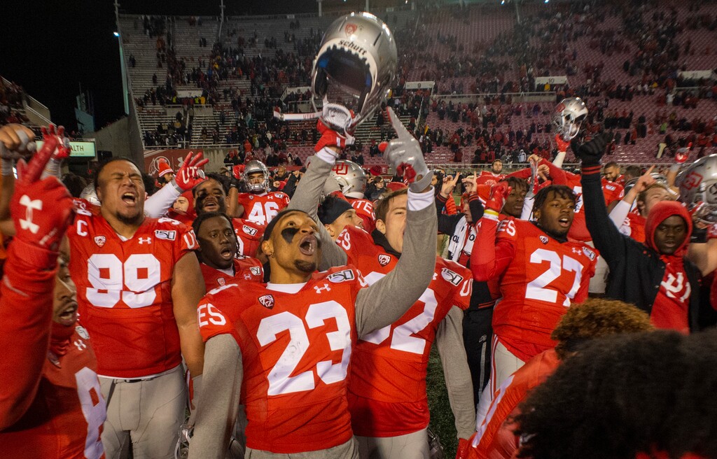 (Rick Egan  |  The Salt Lake Tribune)    The Utes sing Utah Man as they celebrate their 45-15 win over the Colorado Buffaloes, in PAC-12 football action at Rice-Eccles Stadium, Saturday, Nov. 30, 2019.