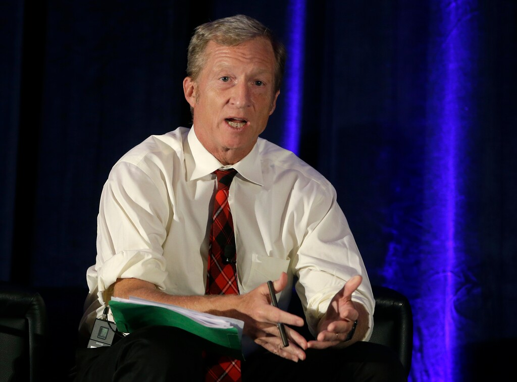 (AP Photo/Rich Pedroncelli, file) In this Oct. 7, 2015, file photo, billionaire environmentalist Tom Steyer discusses climate change at a symposium in Sacramento, Calif. Steyer is dumping at least $10 million into a national advertising campaign calling for President Donald Trump's impeachment.
