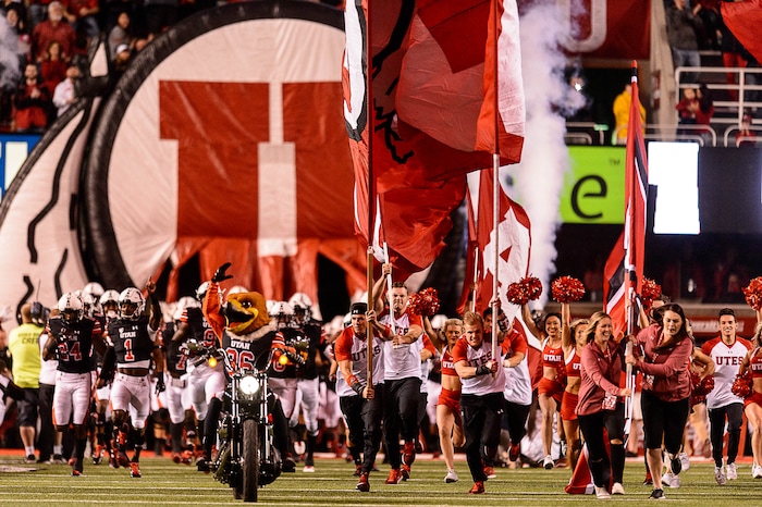 (Trent Nelson | The Salt Lake Tribune) Utah takes the field as the Utah Utes host the San Jose State Spartans, NCAA football at Rice-Eccles Stadium in Salt Lake City, Saturday September 16, 2017.