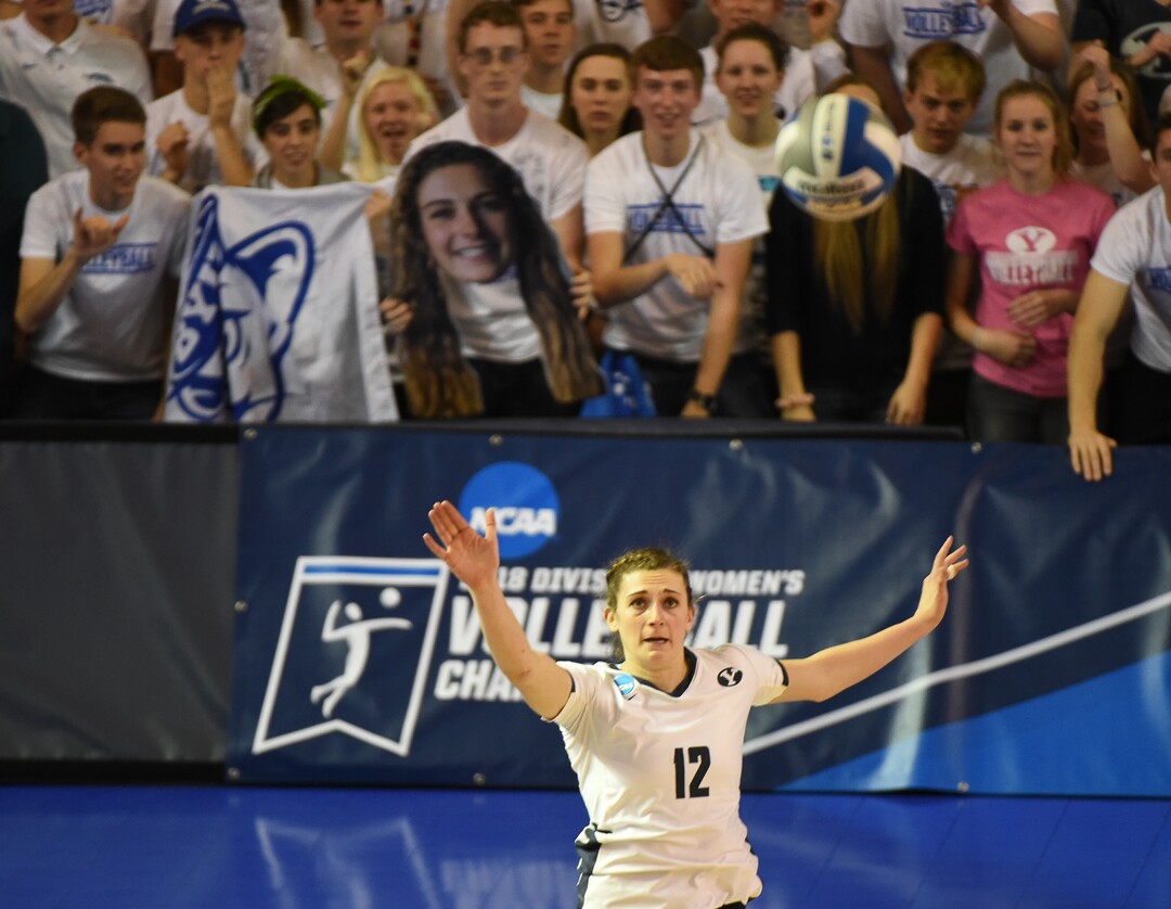 (Francisco Kjolseth  |  The Salt Lake Tribune)  BYU's Roni Jones-Perry gets ready for a serve by Florida in their NCAA Tournament Round of 16 match at Smith Fieldhouse, Friday, Dec. 7, 2018.