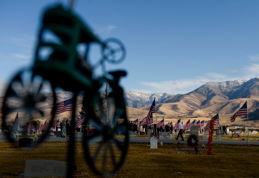 (Leah Hogsten  |  The Salt Lake Tribune)  World War II airman Max W. Lower is buried with full military honors and a military aircraft flyover on Saturday, November 23, 2019, the Lewiston City Cemetery, 77 years after he was deployed overseas. Lower, a radio operator on a B-24 Liberator bomber, was killed when the plane was shot down Aug. 1, 1943, over Ploiesti, Romania. The Lewiston native was 23.