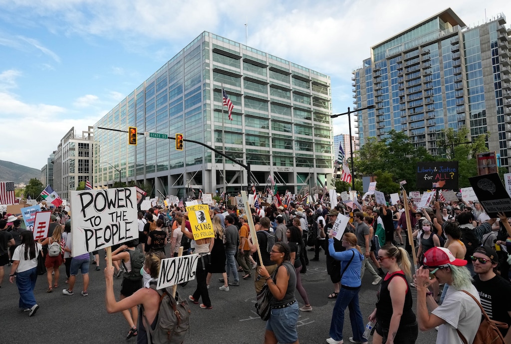 (Francisco Kjolseth  | The Salt Lake Tribune) An estimated 10,000 walk the streets of downtown Salt Lake City for a "No Kings" demonstration on Saturday, June 14, 2025. The protest ended in a deadly shooting.