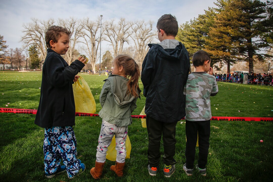 (Nicole Boliaux  |  For The Tribune)  Children wait for the stroke of 9 o'clock to begin the annual Easter egg hunt put on by A Kid's Place Dentistry in Liberty Park in Salt Lake City on Saturday, March 31, 2018.