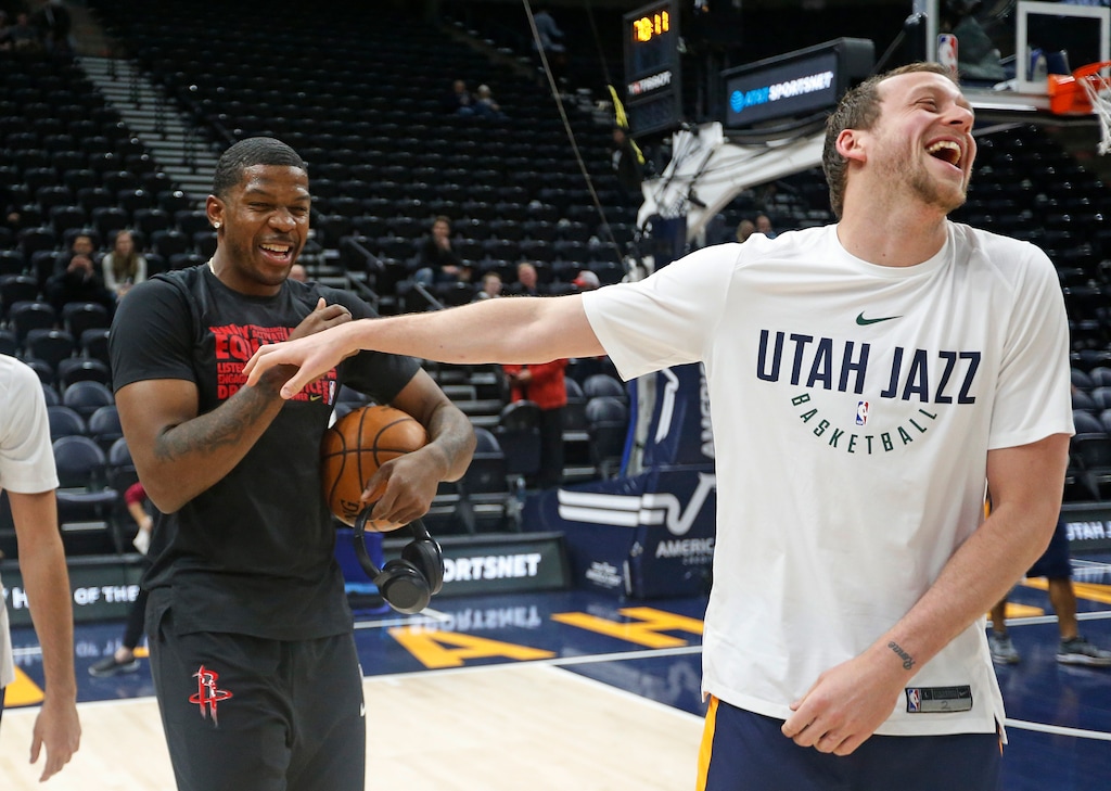 Utah Jazz forward Joe Ingles, right, laughs as he greets Houston Rockets guard and former teammate Joe Johnson, left, prior to an NBA basketball game Monday, Feb. 26, 2018, in Salt Lake City. (AP Photo/Rick Bowmer)