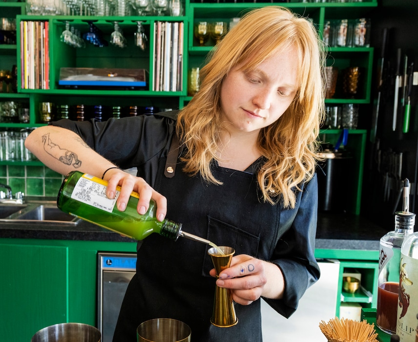 (Rick Egan | The Salt Lake Tribune) Raegan Plewe mixes a drink at Curiosity, a new sober bar scheduled to open in May. The photo was taken Friday, April 29, 2022.