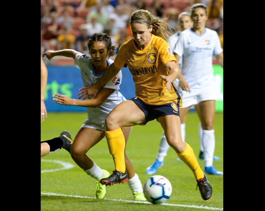 (Leah Hogsten | The Salt Lake Tribune) Utah Royals FC forward Mallory Weber (20) and Sky Blue FC defender Caprice Dydasco (3) fight for possession as the Utah Royals FC host Sky Blue FC, August 7, 2019 at Rio Tinto Stadium.