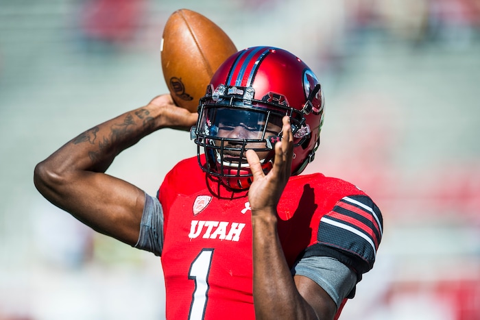 (Chris Detrick  |  The Salt Lake Tribune)  Utah Utes quarterback Tyler Huntley (1) warms up before the game at Rice-Eccles Stadium Saturday, October 21, 2017. 