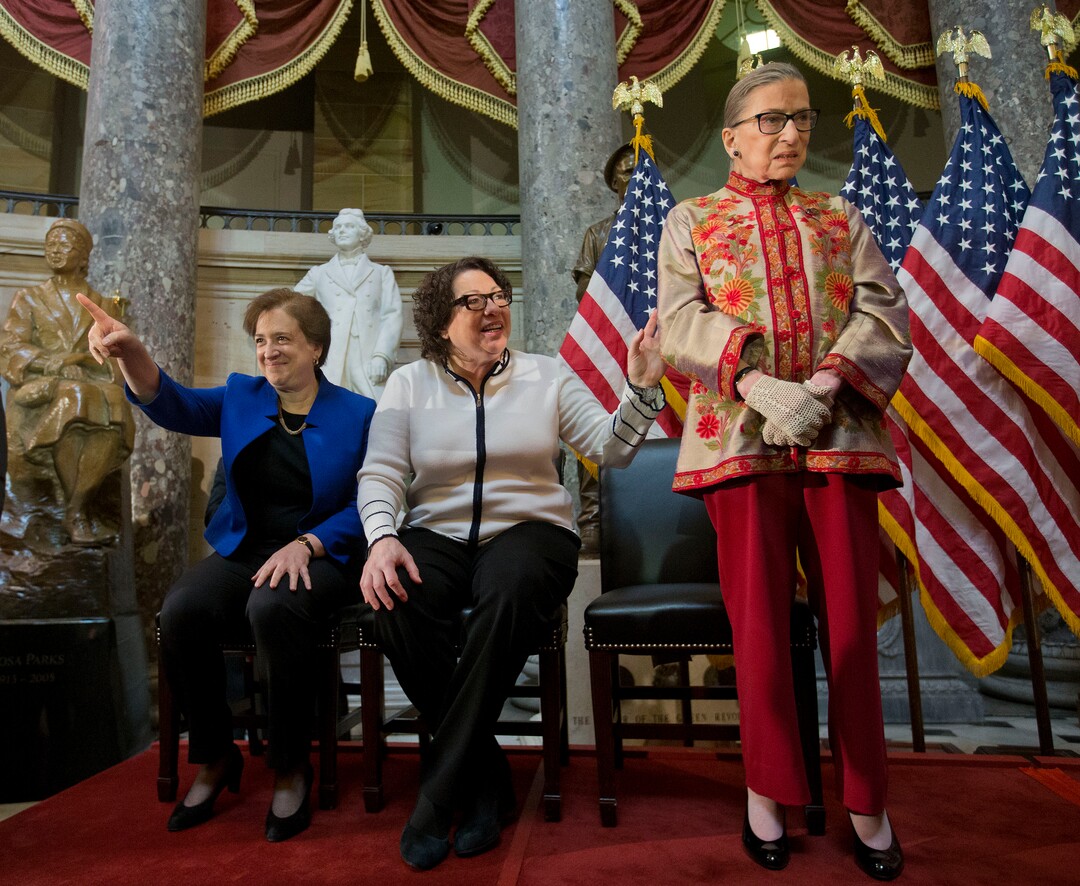 From left to right, U.S. Supreme Court, Associate Justices, Elena Kagan, Sonia Sotomayor, and Ruth Bader Ginsburg, on stage during a Women's History Month reception at Statuary Hall on Capitol Hill, hosted by Democratic Leader Rep. Nancy Pelosi, D-CA., Wednesday, March 18, 2015 in Washington. (AP Photo/Pablo Martinez Monsivais)