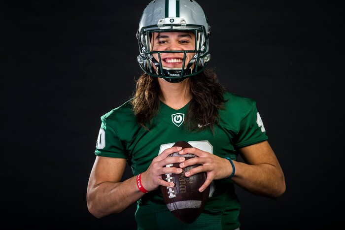 (Chris Detrick | The Salt Lake Tribune) Olympus tight end Cameron Latu poses for a portrait Wednesday, December 13, 2017.