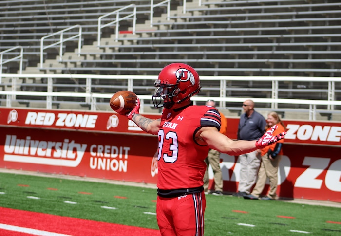 (Christopher Kamrani | The Salt Lake Tribune) Utah wide receiver Jameson Field celebrates his fourth quarter touchdown reception in the Utah Red-White game Saturday afternoon at Rice-Eccles Stadium.