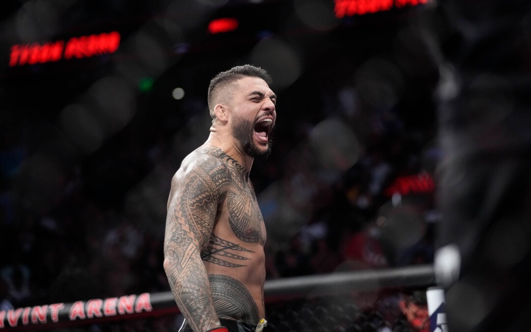 (Francisco Kjolseth | The Salt Lake Tribune) Tyson Pedro of Australia celebrates his quick win in the first round over Harry Hunsucker of the United States in UFC 278 during their mixed martial arts bout in the octagon in Salt Lake City on Saturday, Aug. 20, 2022.  