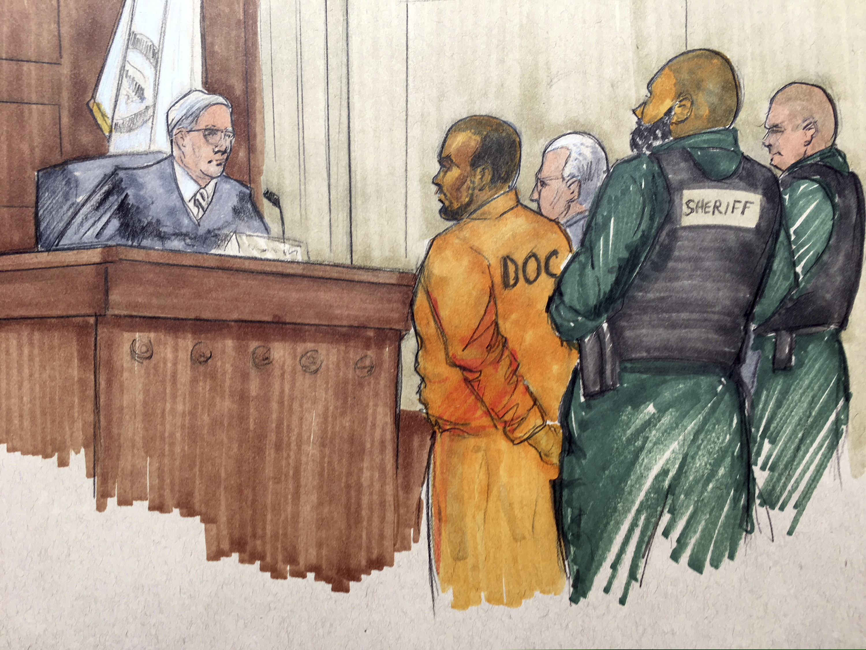 (Tom Gianni via The Associated Press) In this courtroom sketch, R&B singer R. Kelly appears before Cook County Associate Judge Lawrence Flood with his attorney Steve Greenberg Monday, Feb. 25, 2019, at the Leighton Criminal Courthouse in Chicago. Kelly's attorney entered not guilty pleas on the singer's behalf after Kelly was charged with sexually abusing four victims dating back to 1998, including three underage teenagers.
