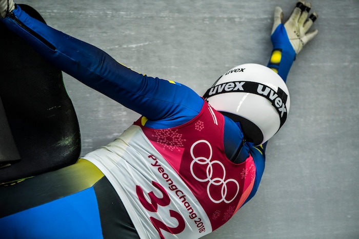 (Chris Detrick | The Salt Lake Tribune) Ukraine's Andriy Mandziy falls off of his sled while competing in the Men's Singles at the Olympic Sliding Centre during the Pyeongchang 2018 Winter Olympics Saturday, February 10, 2018.