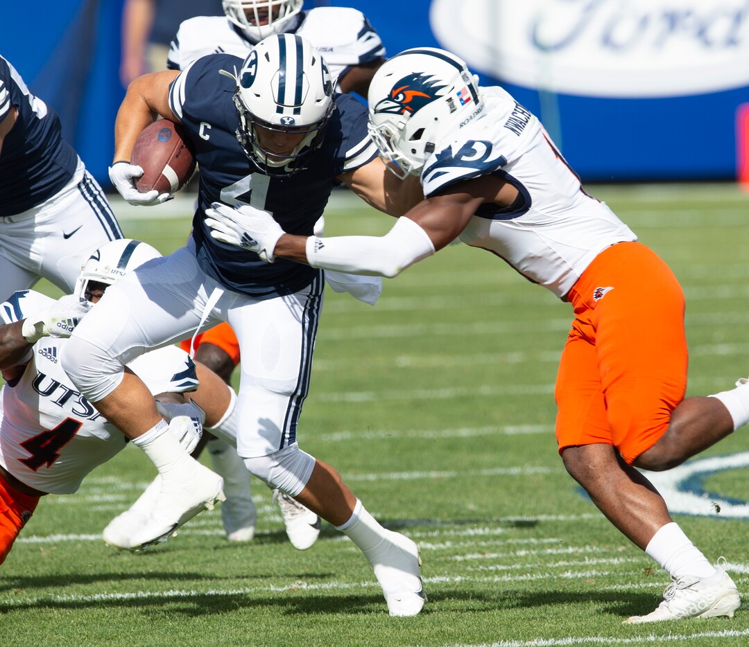 (Rick Egan  |  The Salt Lake Tribune)    Brigham Young running back Lopini Katoa (4)runs the ball for the Cougars, in football action between the Brigham Young Cougars and the UTSA Roadrunners, at Lavell Edwards stadium, Saturday, Oct. 10, 2020.