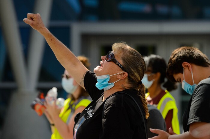(Trent Nelson | The Salt Lake Tribune) Bobbie Santiago, mother of Riche Antonio Santiago, at a rally against police brutality at the Public Safety Building in Salt Lake City on Saturday, Aug. 15, 2020.
