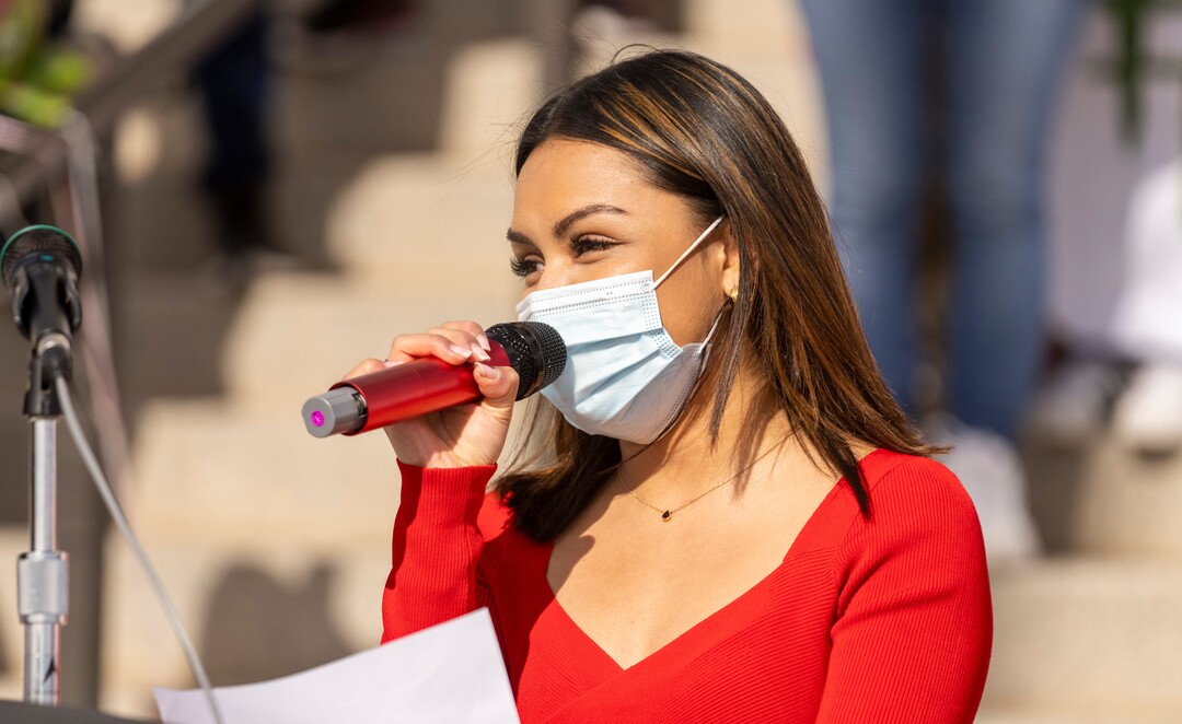 (Rick Egan | The Salt Lake Tribune)   Fany Delucas speaks during the national Day Without Immigrants rally on the steps of the Capitol, on Monday, Feb. 14, 2022.