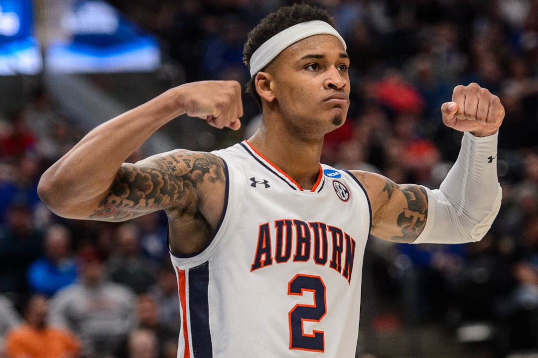 (Trent Nelson | The Salt Lake Tribune)  Auburn Tigers guard Bryce Brown (2) celebrates a score as Auburn faces New Mexico State in the 2019 NCAA Tournament in Salt Lake City on Thursday March 21, 2019.