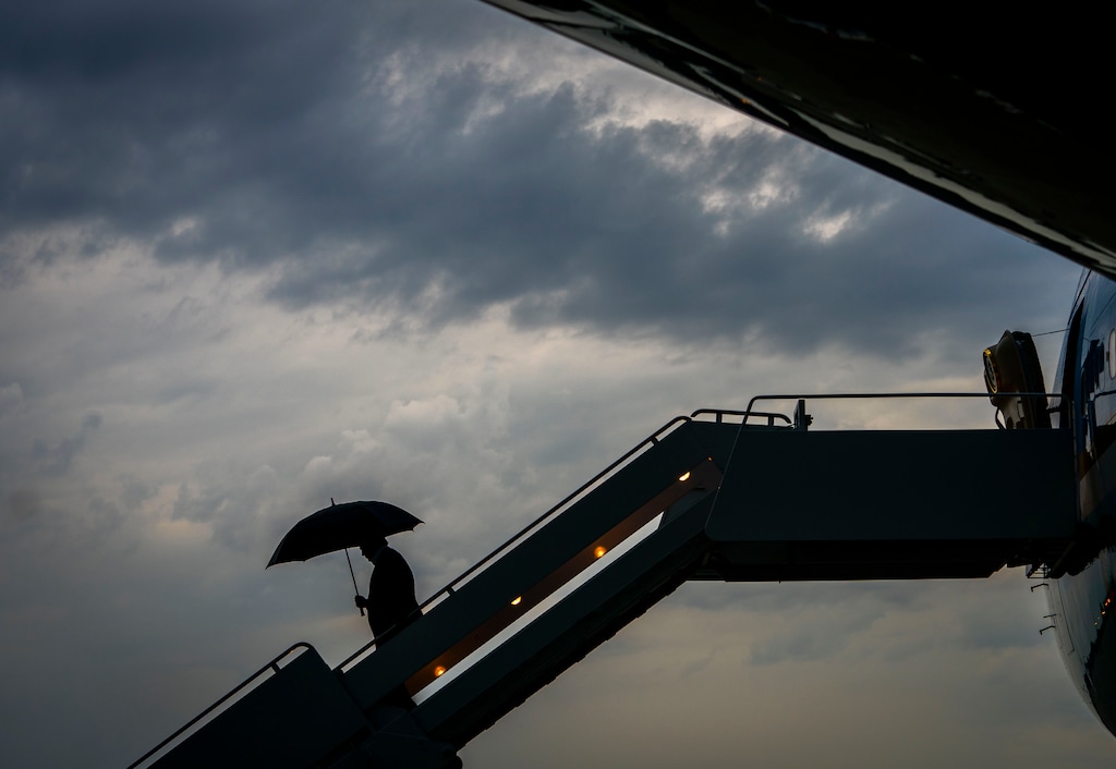 (Doug Mills  |  New York Times file photo) President Donald Trump arrives back at a rainy Joint Base Andrews in Maryland after attending the Air Force Academy’s graduation ceremony, on Thursday, May 30, 2019. "His talent as an escape artist has run out because he’s up against an even more amoral, vicious enemy. Microbes don’t give a damn about Trump’s fake narrative and suppression of the facts," writes Maureen Dowd.