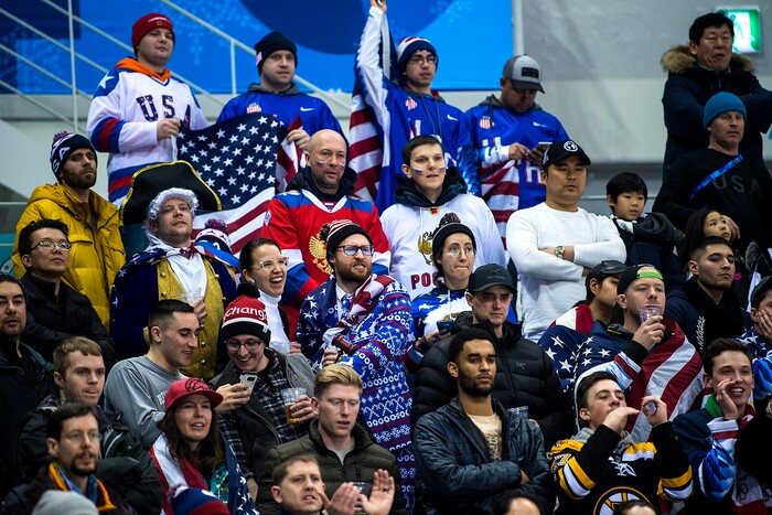 (Chris Detrick  |  The Salt Lake Tribune)  Fans watch during the United States vs Olympic Athletes from Russia hockey game at Gangneung Hockey Centre during the Pyeongchang 2018 Winter Olympics Saturday, Feb. 17, 2018. Olympic Athletes from Russia defeated United States 4-0.