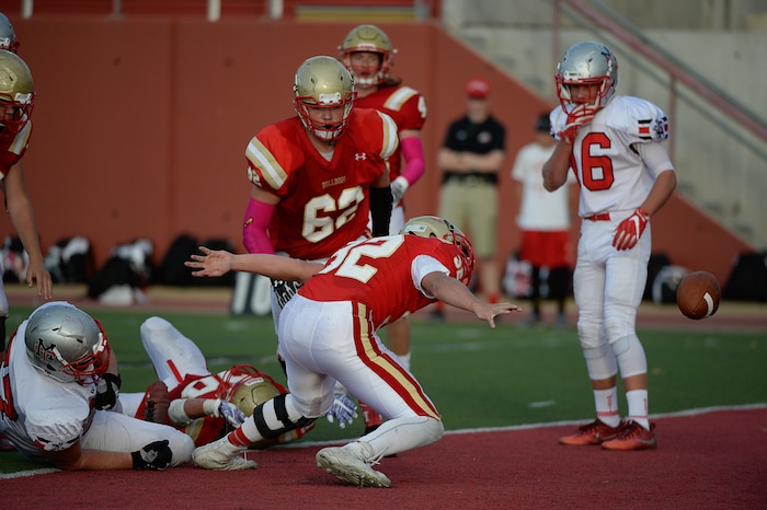 (Francisco Kjolseth  |  The Salt Lake Tribune)  Judge Quarterback Parker Edgington is unable to regain full control of the ball at the end zone but the call goes his way for a touchdown against Manti in the Class 3A football playoff game on Thursday, Oct. 19, 2017. 