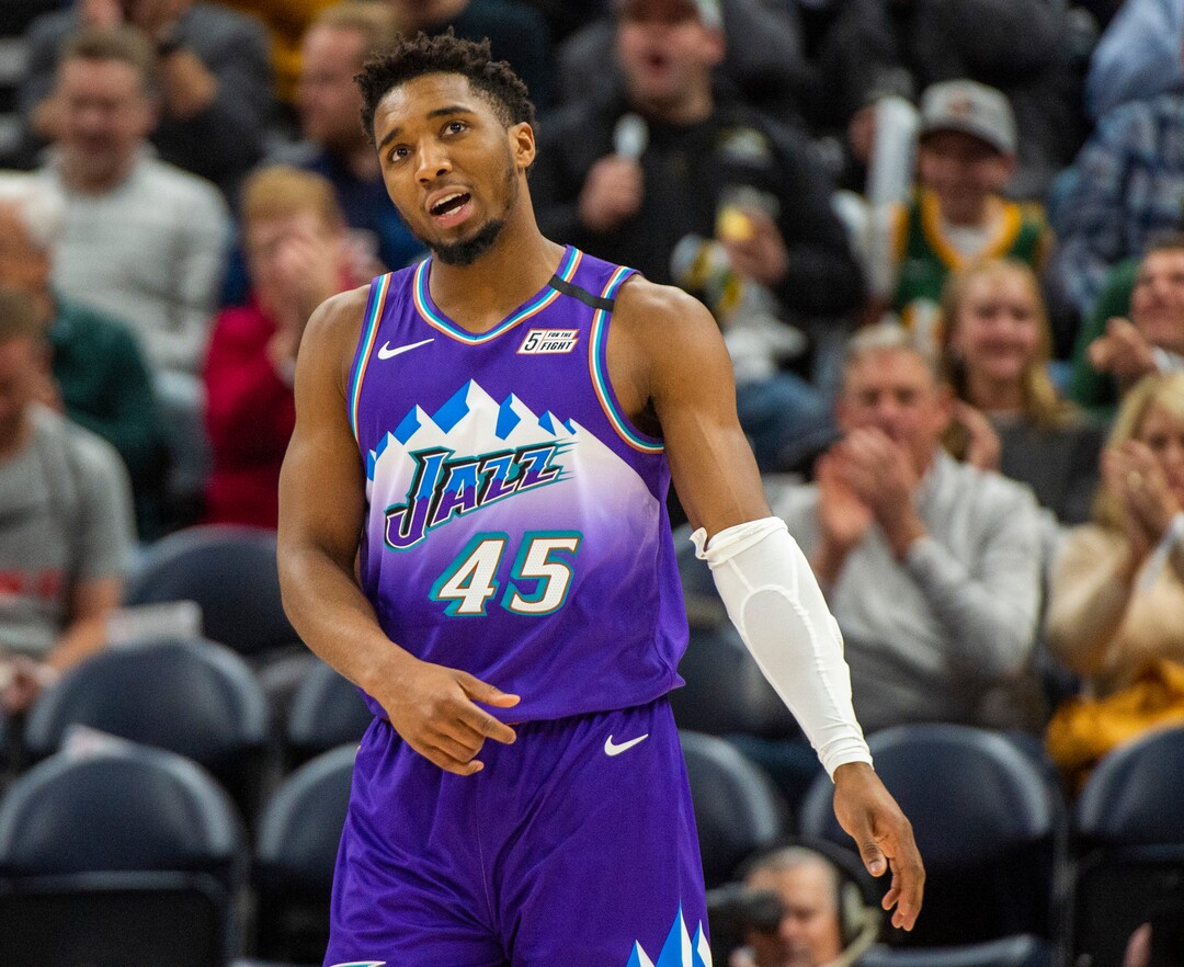 (Rick Egan  |  The Salt Lake Tribune)  Utah Jazz guard Donovan Mitchell (45) reacts after a big slam dunk, in NBA action between the Utah Jazz and the New York Knicks, in Salt Lake City, Wednesday, Jan. 8, 2020.
