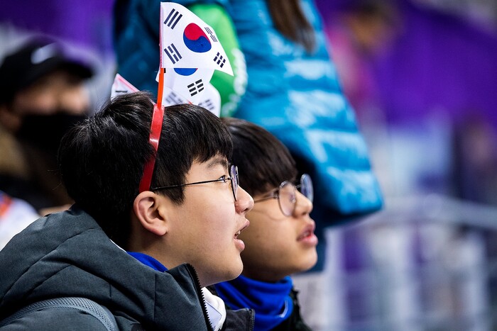 (Chris Detrick  |  The Salt Lake Tribune)  South Korean fans watch the Men's Single Skating Short Program for the Team Event at the Gangneung Ice Arena Friday, February 9, 2018.  Chen got fourth place with a score of 80.61.