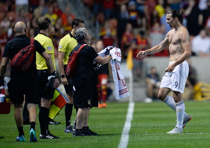 (Francisco Kjolseth  |  The Salt Lake Tribune)  Los Angeles Galaxy forward Zlatan Ibrahimovic (9) goes in for a new shirt and medical treatment on his head during the first half of the MLS soccer match Saturday, Sept. 1, 2018, in Sandy at Rio Tinto Stadium.