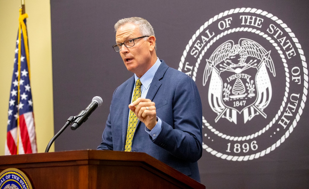 (Scott G Winterton | Deseret News, pool photo) Rich Saunders, speaking at a COVID-19 briefing in September 2020, is leaving as executive director of the Utah Department of Health to take a new job in Gov. Spencer Cox's administration — "chief innovation officer."