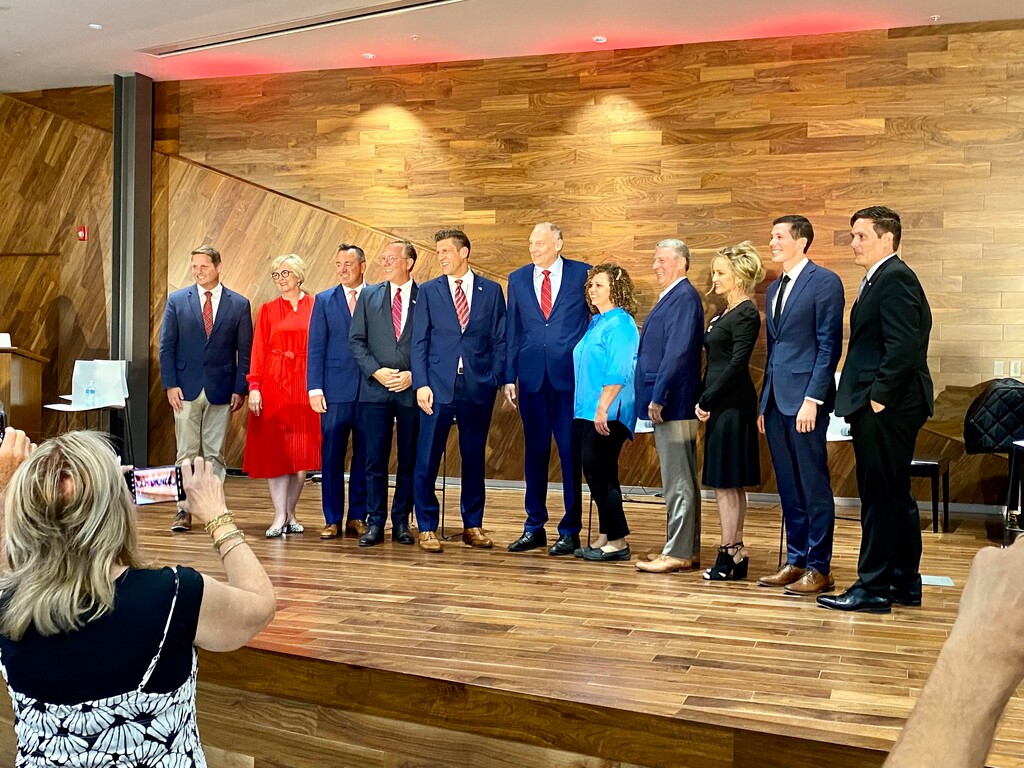(Mark Eddington | The Salt Lake Tribune) Republican candidates hoping to replace Rep. Chris Stewart, who is leaving Congress this fall at a debate in St. George on Thursday night. From left to right: Jordan Hess, Becky Edwards, Greg Hughes, Bill Hoster, Scott Reber, Quin Denning, Celeste Maloy, Bruce Hough, Kathleen Anderson, Henry Eyring, and Scott Hatfield.