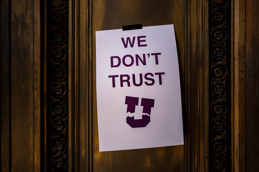 (Trent Nelson  |  The Salt Lake Tribune) Protesters put up posters at the University of Utah in Salt Lake City on Thursday, Sept. 3, 2020. The protest called  for President Ruth Watkins to resign and for the campus police department to be dissolved..