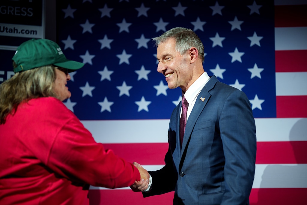 (Trent Nelson | The Salt Lake Tribune) Sen. Michael Kennedy, R-Alpine, at his 3rd Congressional District election night party in Provo on Tuesday, Nov. 5, 2024.