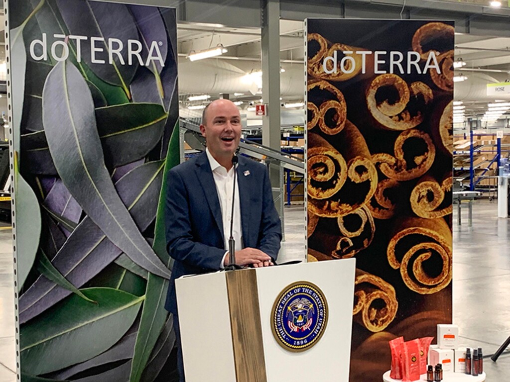 (Jeff Parrott | The Salt Lake Tribune) Gov. Spencer Cox makes remarks at a doTerra facility in Lindon, Monday, Sept. 27, 2021, announcing a partnership to distribute antiseptic wipes to Utah schools.