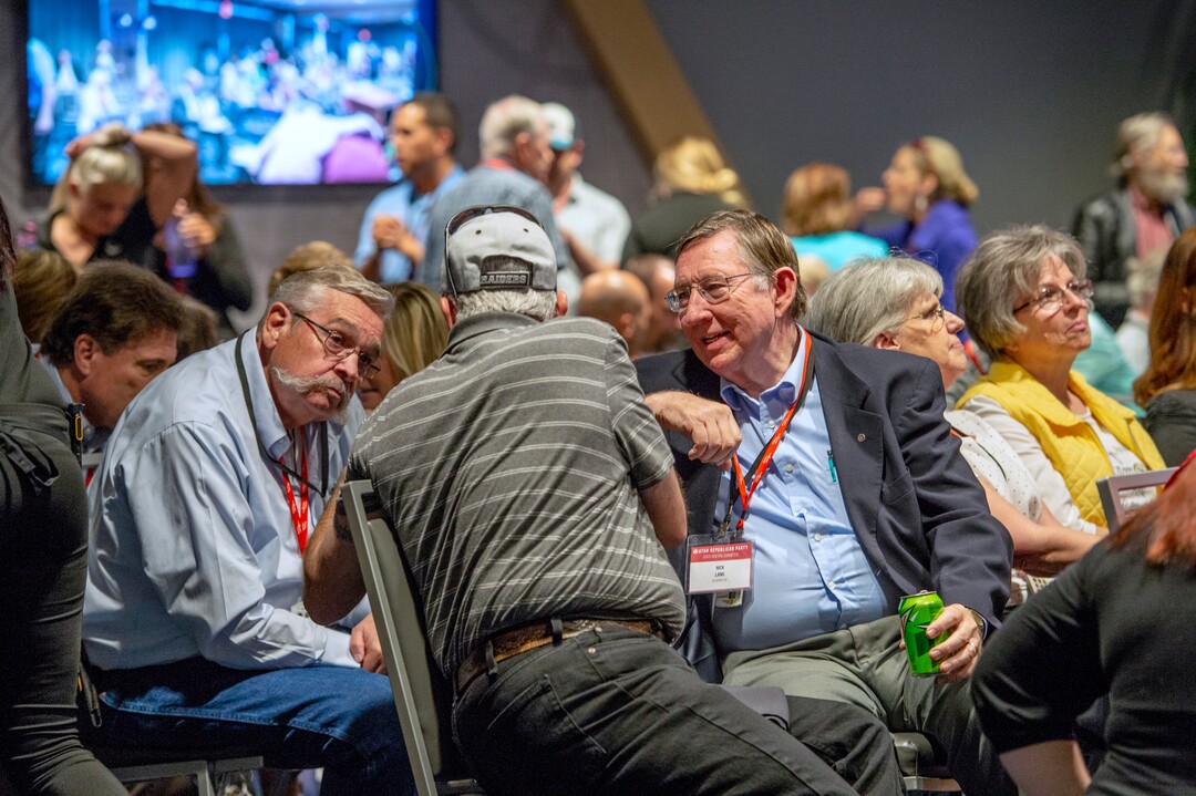 (Leah Hogsten  |  The Salt Lake Tribune) l-r  Central Committee members Byard Kershaw, Jimi Kestin and Nick Lang chat during a break in the agenda. The Utah Republican Party Central Committee meets Saturday, May 19, 2018, to elect a new party vice chairman and debate several potential bylaw changes. 