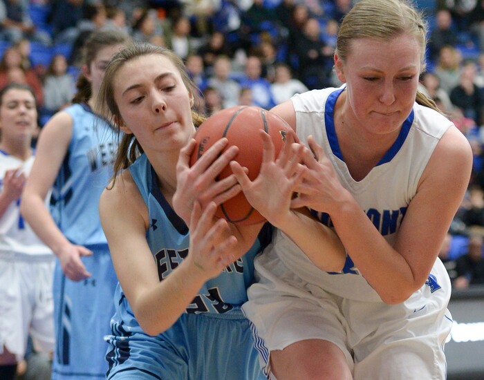 (Leah Hogsten  |  The Salt Lake Tribune) Westlake's Deanna Linton (30) fights Fremont's Averee Porter (23) for possession.  Fremont faces Westlake in their semifinal game of the 6A High School Girls' Basketball Tournament at SLCC in Taylorsville, Friday, Feb. 23, 2018. 