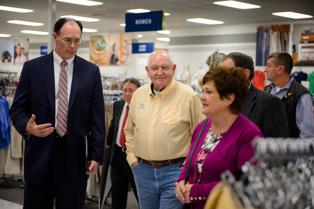 (Trent Nelson  |  The Salt Lake Tribune)  Agriculture Secretary Sonny Perdue on a tour of Welfare Square in Salt Lake City on Wednesday May 22, 2019. From left, Bishop W. Christopher Waddell, Perdue, and Jeanette Herbert.